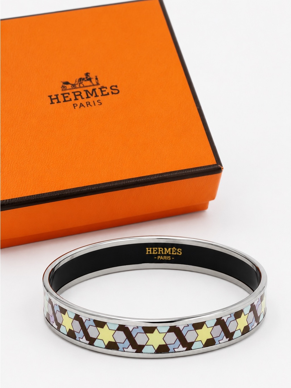 Hermès 62 Narrow Enamel Palladium Bangle Bracelet Geometric Rare Mosaic Stars